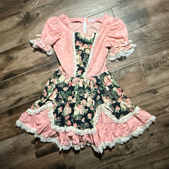 Handmade Dresses & Skirts - Judy Hoppes VTG Womens Cottagecore Floral Lace Ruffle Lolita Square Dress,Pink,M